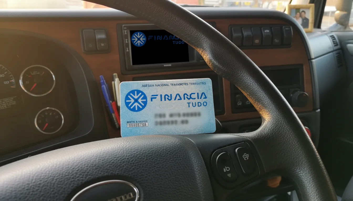 Close-up do cartão RNTRC ANTT no painel de um caminhão, destacando a importância do registro para o transporte.