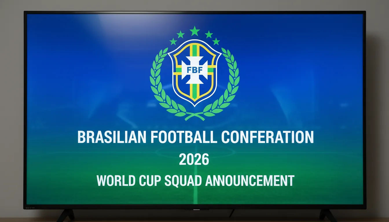 Close-up da tela da TV mostrando o anúncio da convocação seleção brasileira copa 2026, transmitido ao vivo pela Confederação Brasileira de Futebol.