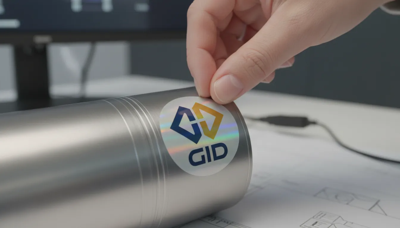 Primer plano de un adhesivo personalizado de GID, representando soluciones de marketing de contenido b2b enfocadas en personalización y calidad.