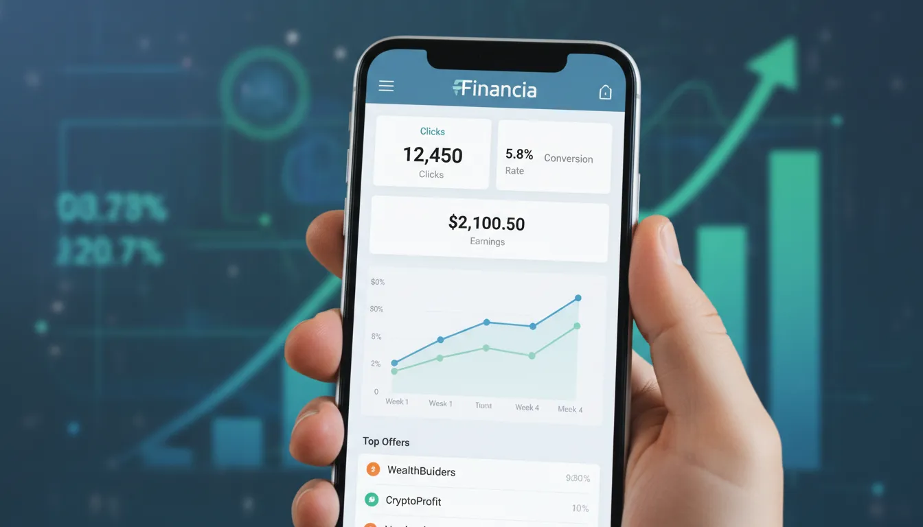 Dashboard de programa de afiliados em um smartphone, demonstrando o acesso facilitado a informações financeiras através da Financia Tudo.
