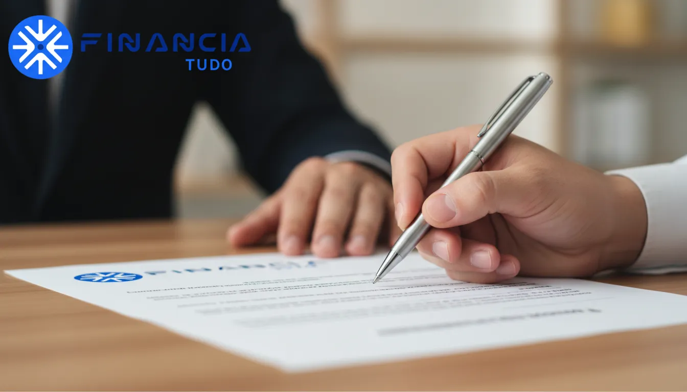 Mão assinando contrato de crédito para autônomos com garantia aprovação segura e transparente, oferecido pela Financia Tudo.