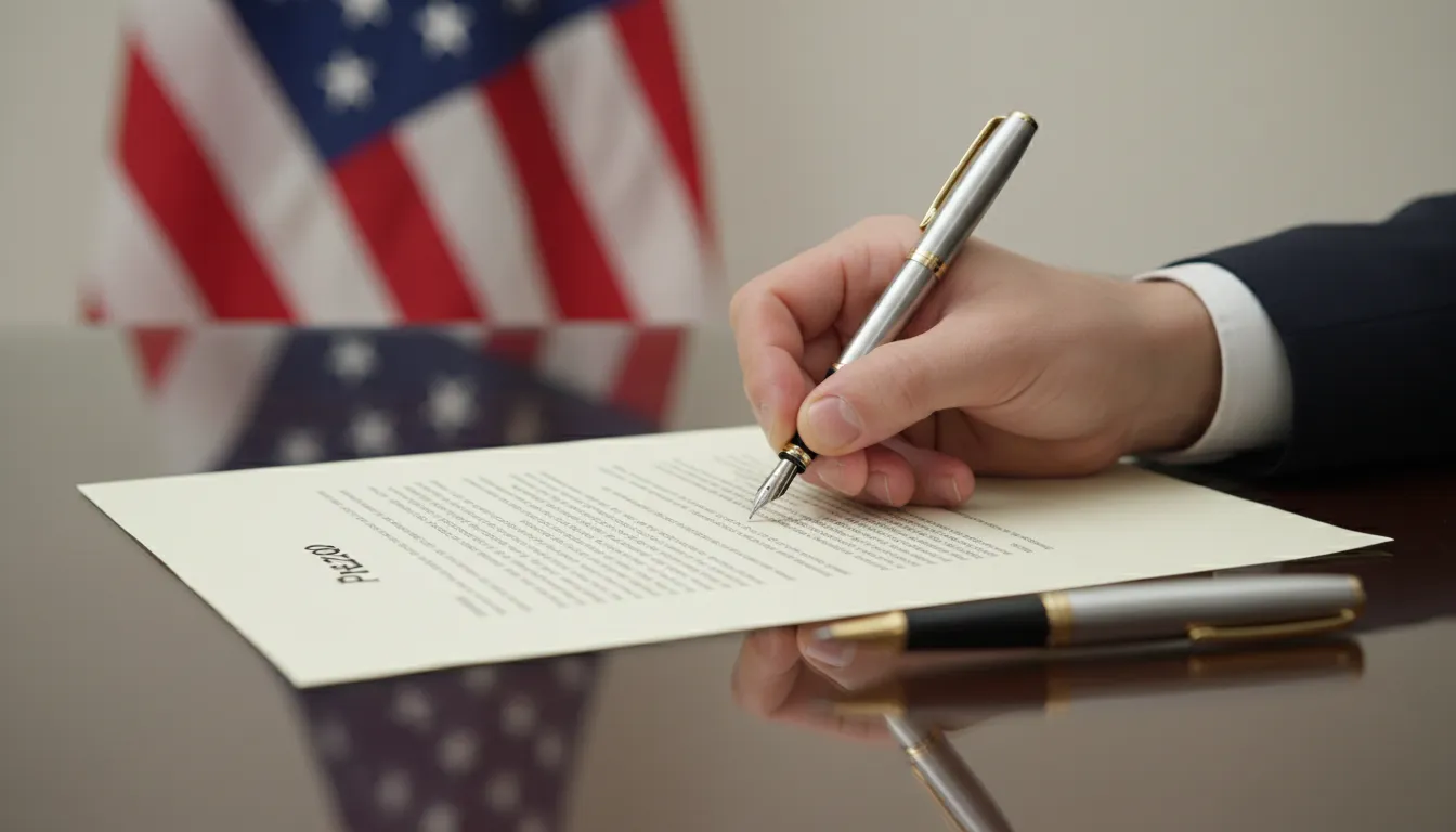 Primer plano de manos firmando un documento, representando el proceso de apertura de empresa en estados unidos, con la asistencia de Prezzo.