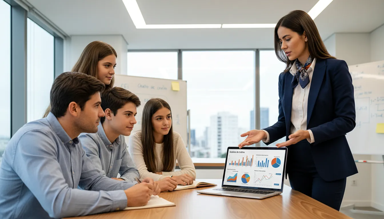 Especialista financeiro mostrando simulações de empréstimo para família que busca construir sua casa própria.