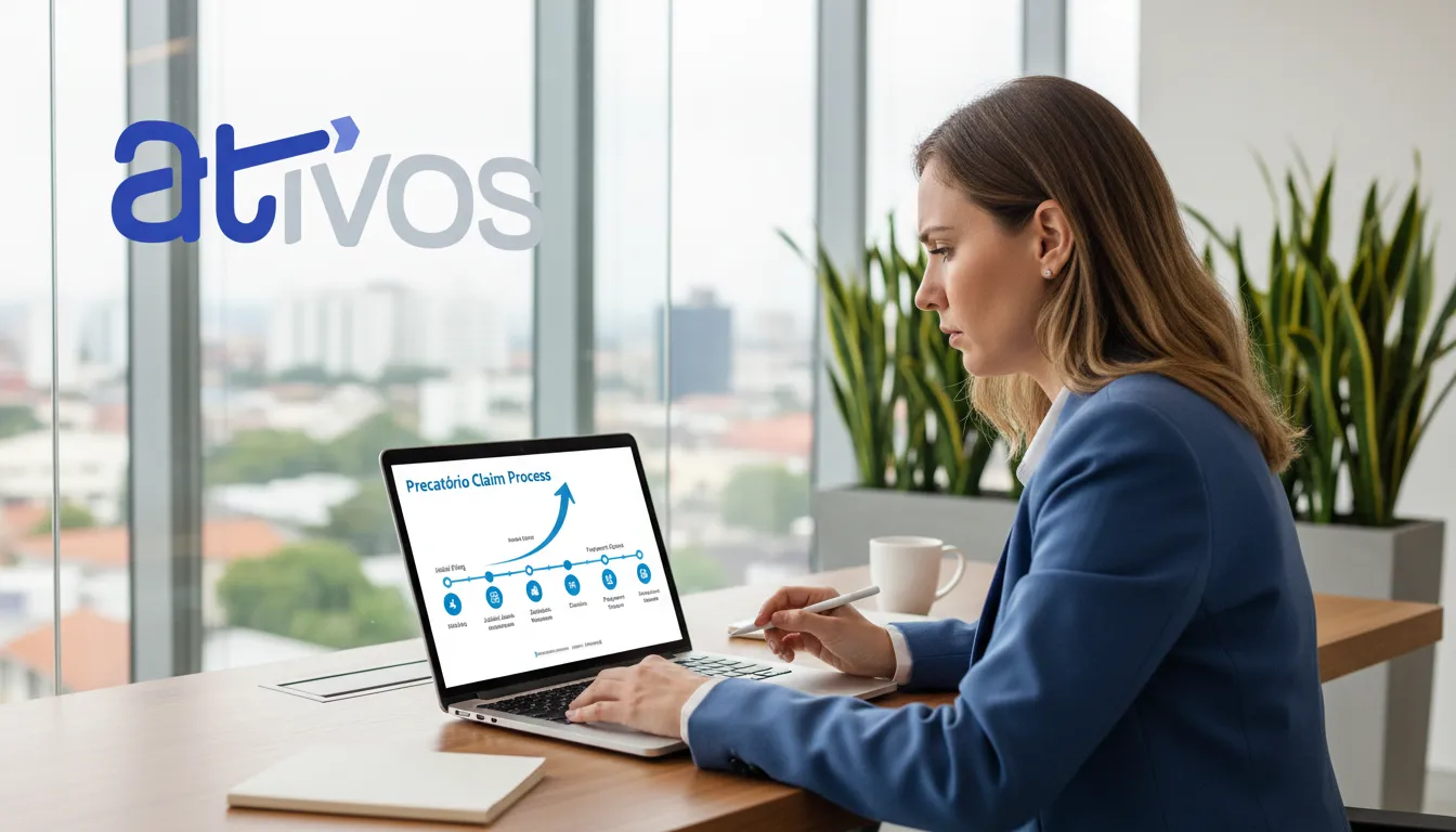 Pessoa usando laptop para acompanhar o processo de precatórios consulta e pagamento.