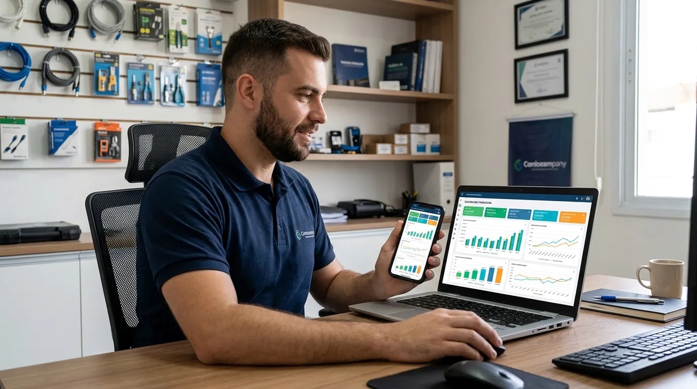 Instalador profissional acompanha faturamento através de dashboard financeira no computador e celular.