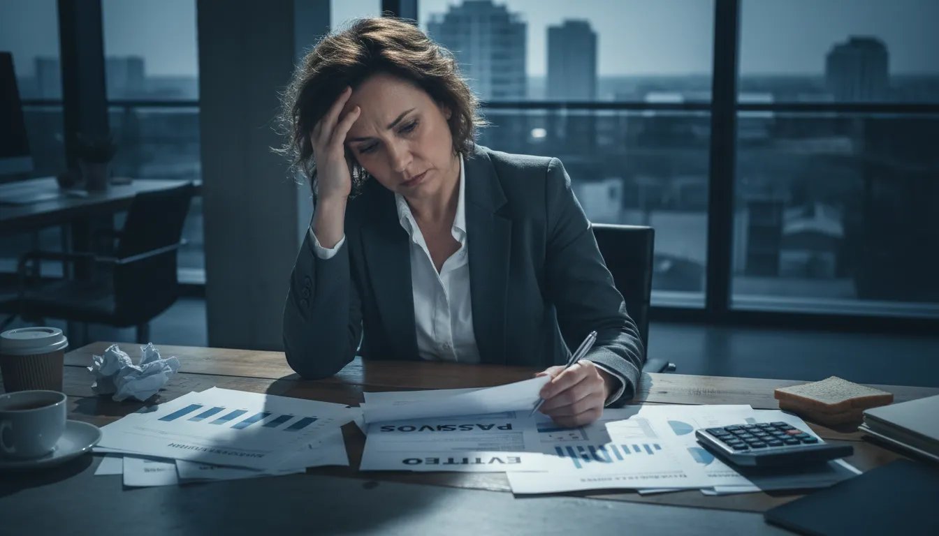 Um empresário preocupado analisando documentos de rescisão de contrato de trabalho em seu escritório, representando a complexidade do processo.