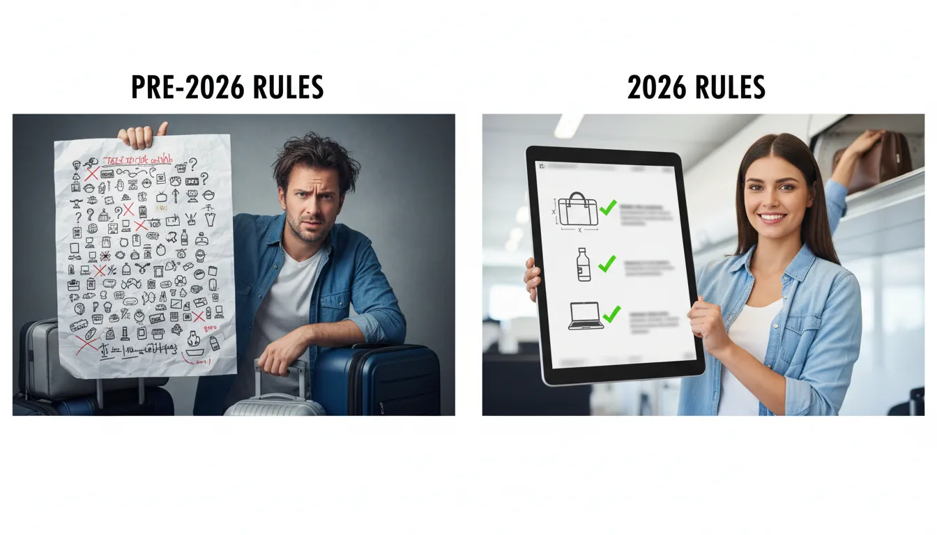 Comparativo das bagagem de mão regras antes e depois de 2026, destacando a simplificação das normas.