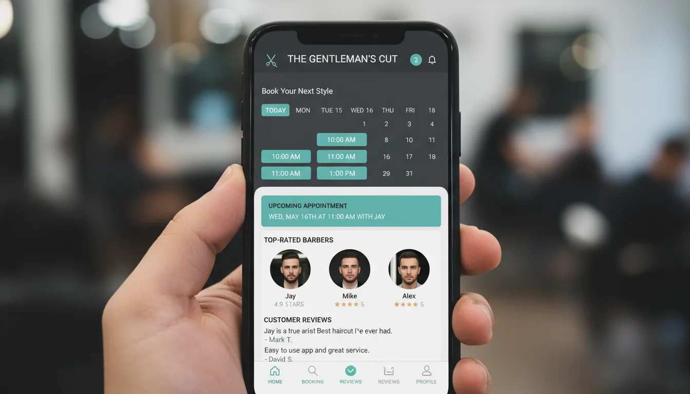 Interface de aplicativo de agendamento de barbearia em smartphone com horários, notificações e avaliações