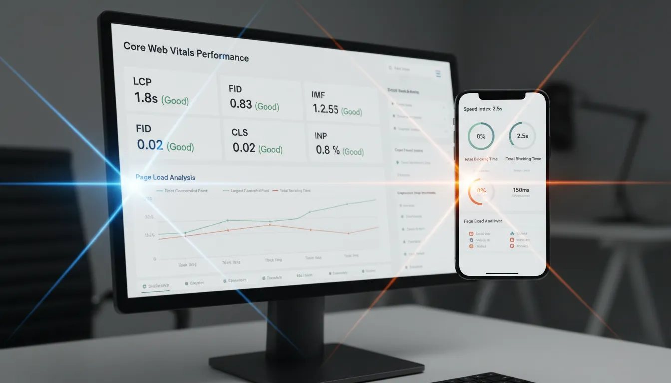 Velocidade de Site em 2026: Core Web Vitals Atualizado 1 Comparativo fotorrealista entre análises de desempenho de sites em desktop e mobile em 2026