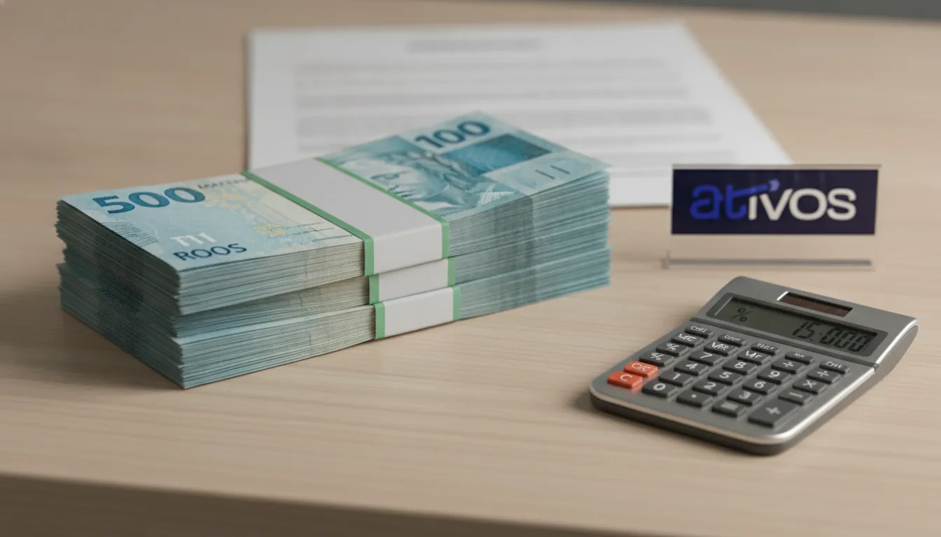 Cálculo de deságio precatório: notas de Real e calculadora exibindo percentual em mesa de escritório.