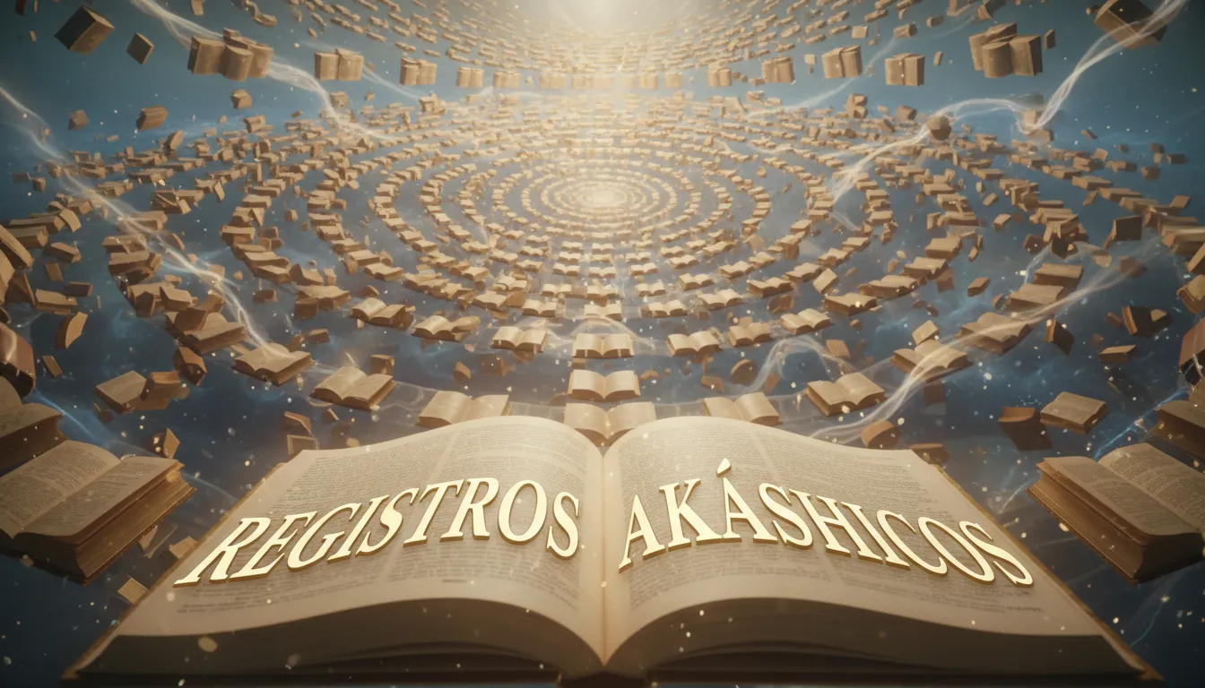 Representação fotorrealista dos Registros Akáshicos como uma biblioteca etérea brilhando com luz dourada.