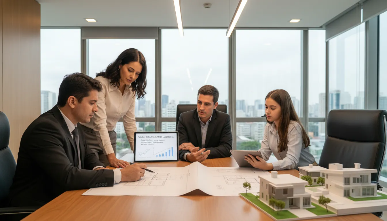 Família brasileira analisando empréstimo para término de obra com consultor, documentos e miniaturas de casas.