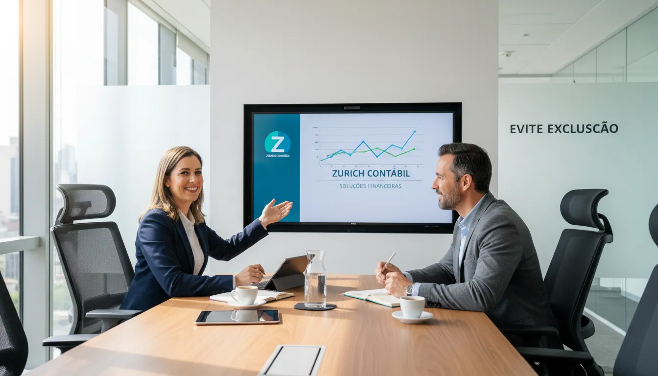 Consultor da Zurich Contábil orientando um empresário, ilustrando como evitar a exclusão do simples nacional através de planejamento e suporte contábil estratégico.