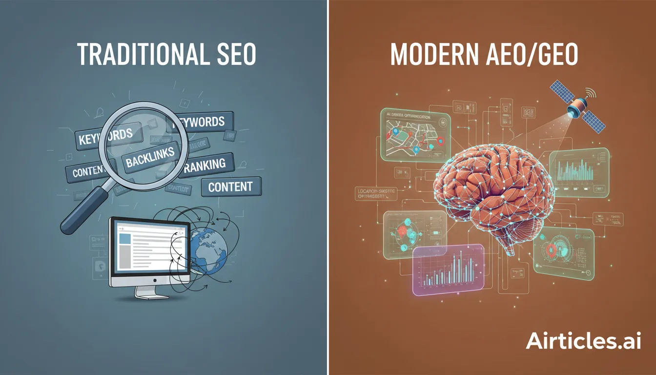Ilustração comparando SEO tradicional e AEO/GEO moderno, enfatizando como a otimização de ia e dados de localização impulsionam o desempenho digital.