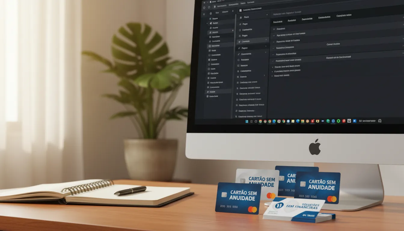 Site para Pequena Empresa: Como Não Gastar Anuidade Cara 1 Painel do WordPress e cartões empresariais sobre mesa, representando economia digital e gestão financeira.