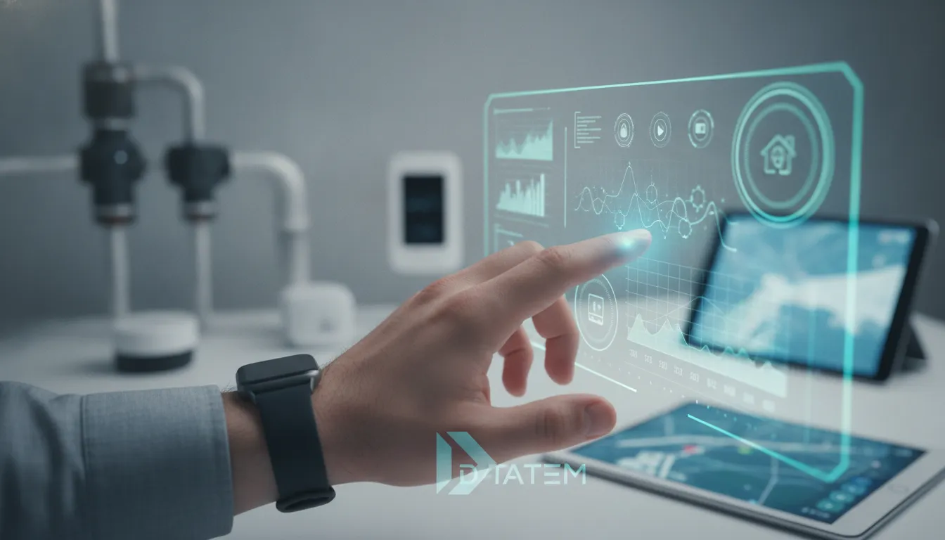 Mão interagindo com interface holográfica de gestão de dispositivos da internet das coisas, mostrando dados e controle.