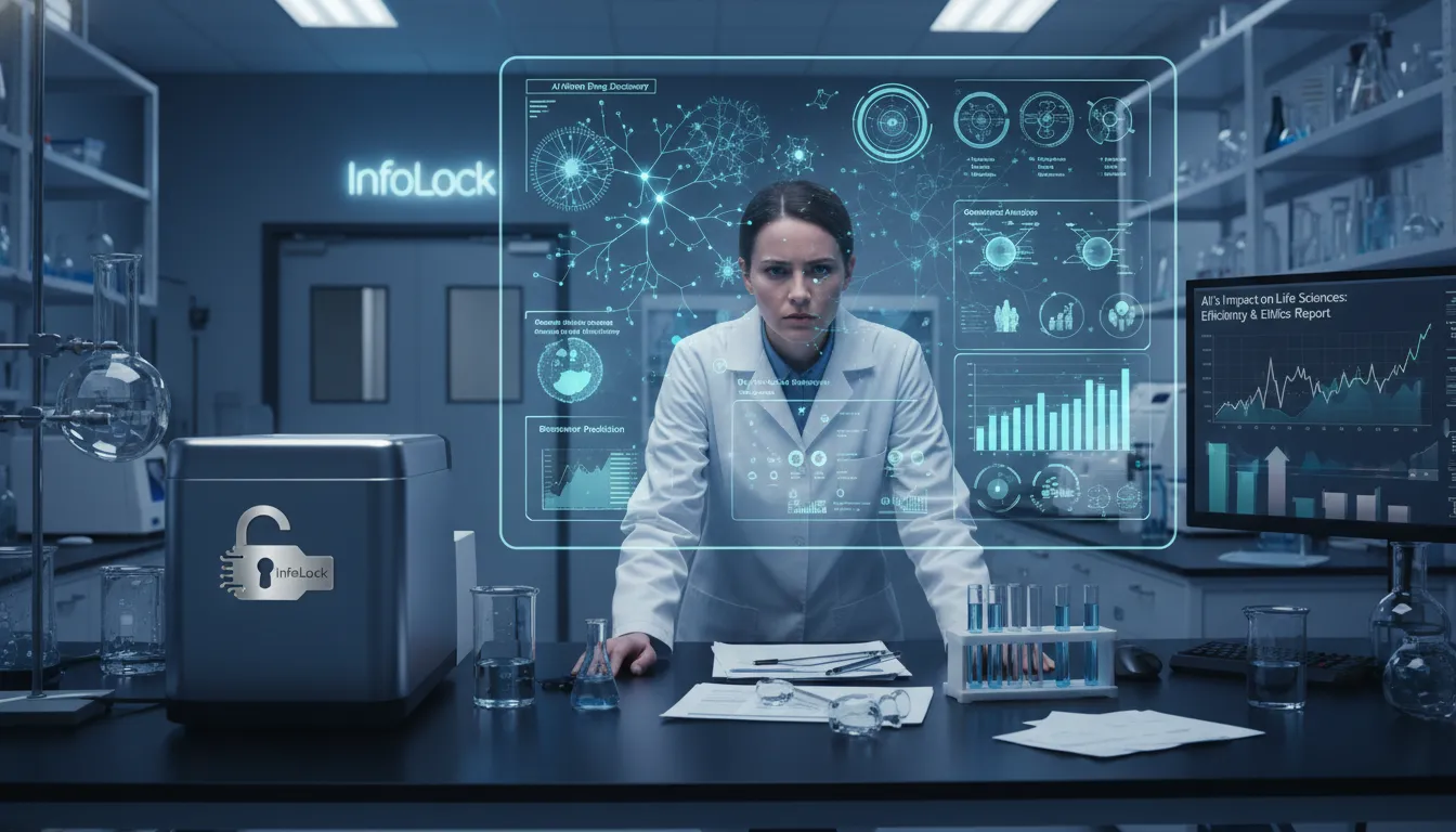 Cientista analisando dados em laboratório, com o logo InfoLock. AI Is Transforming a pesquisa em ciências da vida, apresentando desafios de supervisão.
