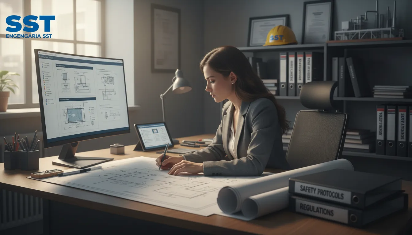Engenheiro de segurança do trabalho analisando projetos e regulamentos de segurança em um escritório.