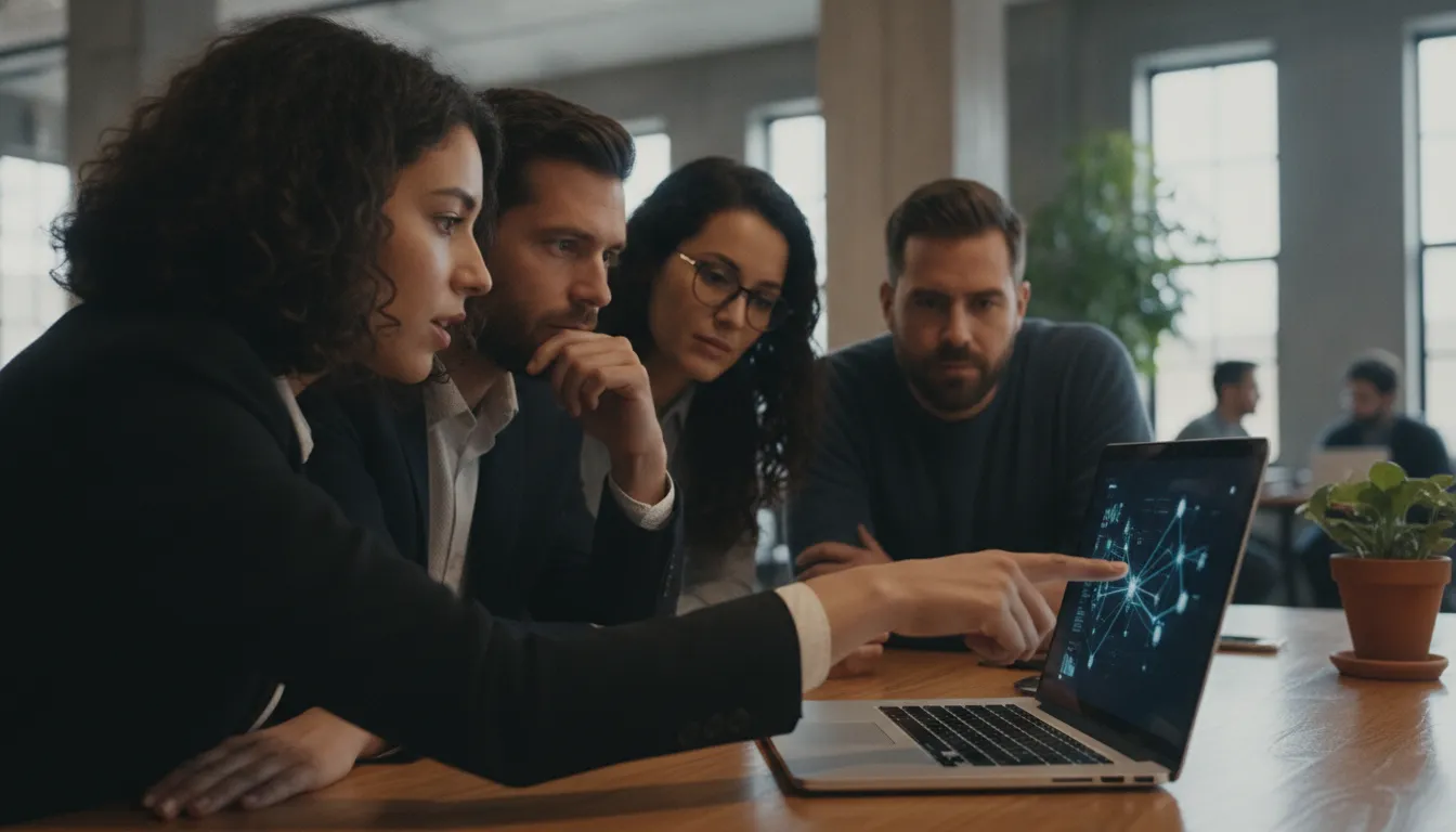 Grupo de profissionais engajados assistindo vídeo em tablet, ilustrando como vídeo atrai contatos qualificados para geração de leads.