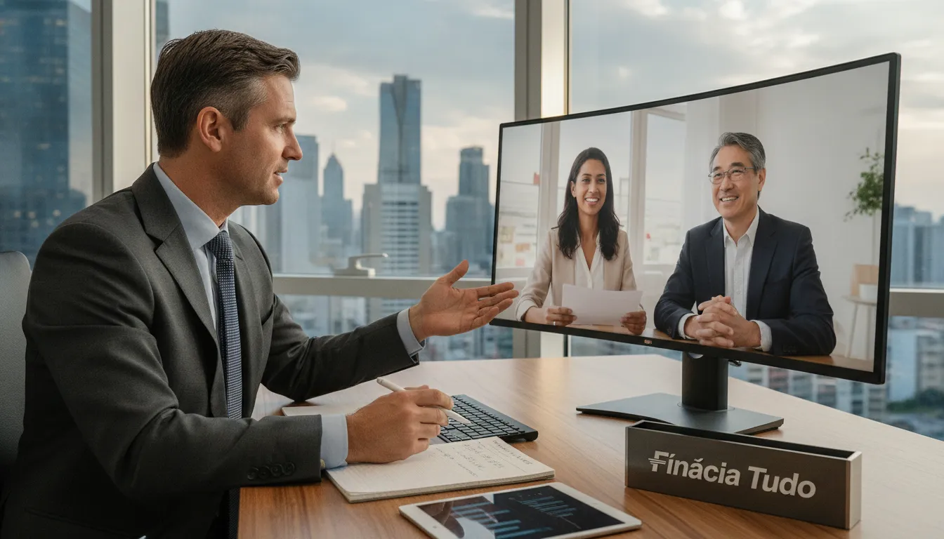 Consultor Financia Tudo orienta casal sobre imóvel financiado como garantia, oferecendo atendimento consultivo.