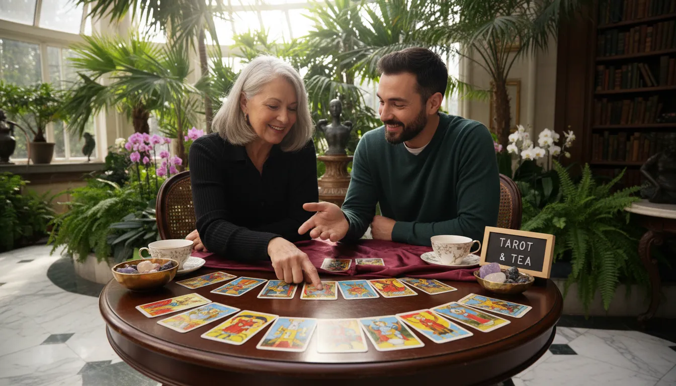 Descubra como o Tarot pode revolucionar sua jornada pessoal Duas pessoas conversam sobre Tarot em mesa ao ar livre, indicando conexão e troca de experiências.