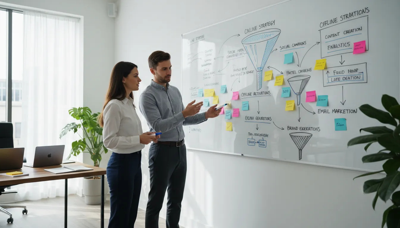 Profissionais em brainstorming de estratégias integrando marketing online e offline em ambiente de agência sofisticada.