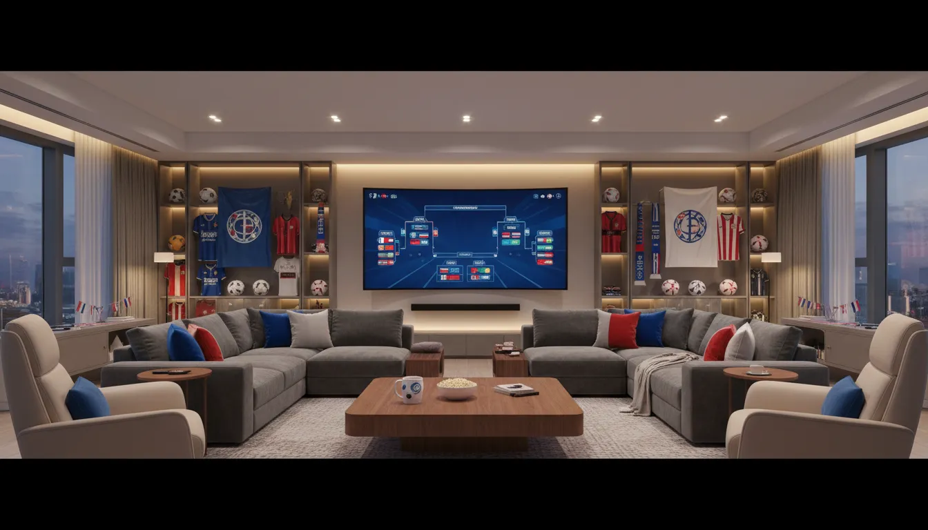 Visão panorâmica e realista de uma sala de estar pronta para a copa do mundo 2026 grupos, com itens da Loja da Copa.
