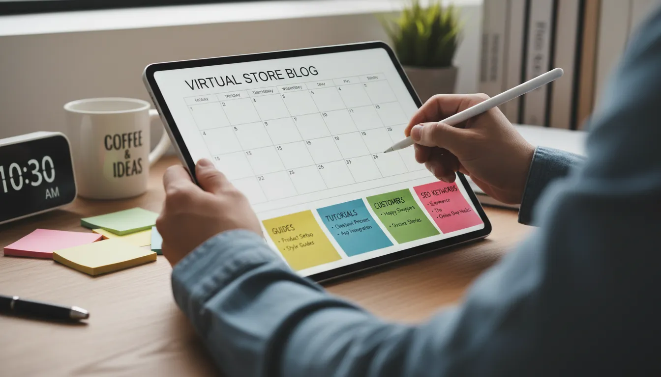 Ideias de Conteúdo para Blog de Loja Virtual que Trazem Tráfego Orgânico 1 Planejamento editorial de blog de loja virtual sendo criado com ferramentas digitais e notas organizadas.