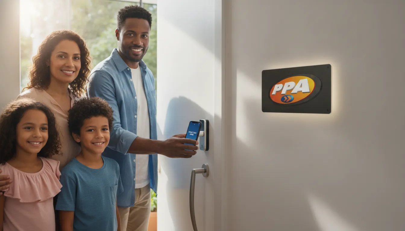 Família feliz entrando em casa, usando smartphone para ativar fechaduras elétricas intelbras, transmitindo segurança e praticidade.