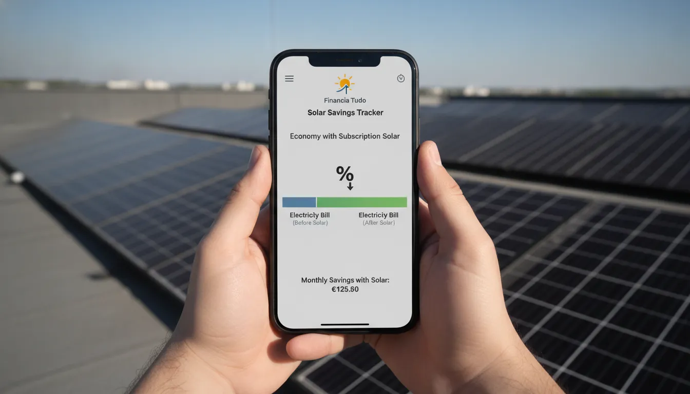 Tela de celular mostra economia na conta de luz com energia solar por assinatura e soluções Financia Tudo.