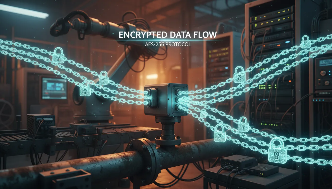 Sensor industrial transmitindo dados criptografados, ilustrado com cadeados ao longo dos fluxos de dados em fábrica.