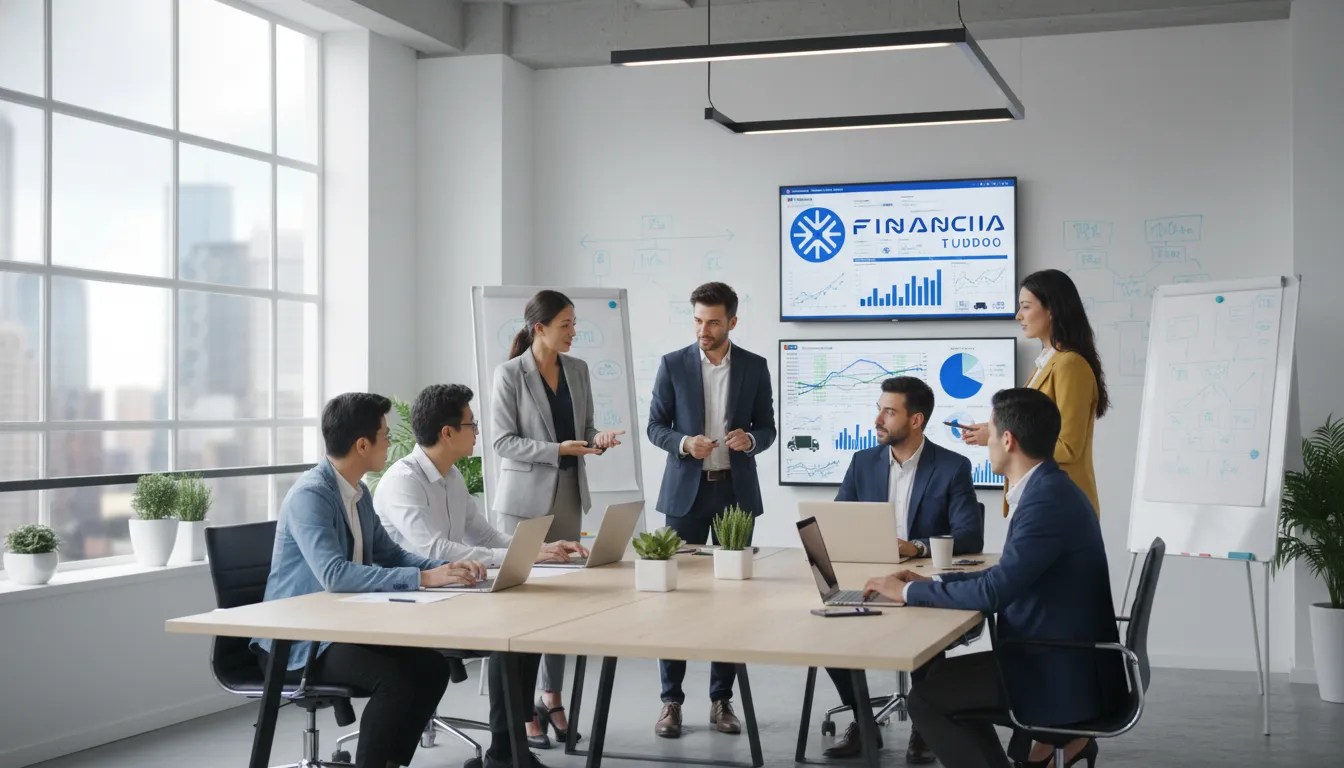 Equipe da Financia Tudo trabalhando em refinanciamento de caminhão para capital de giro, em escritório moderno e iluminado.