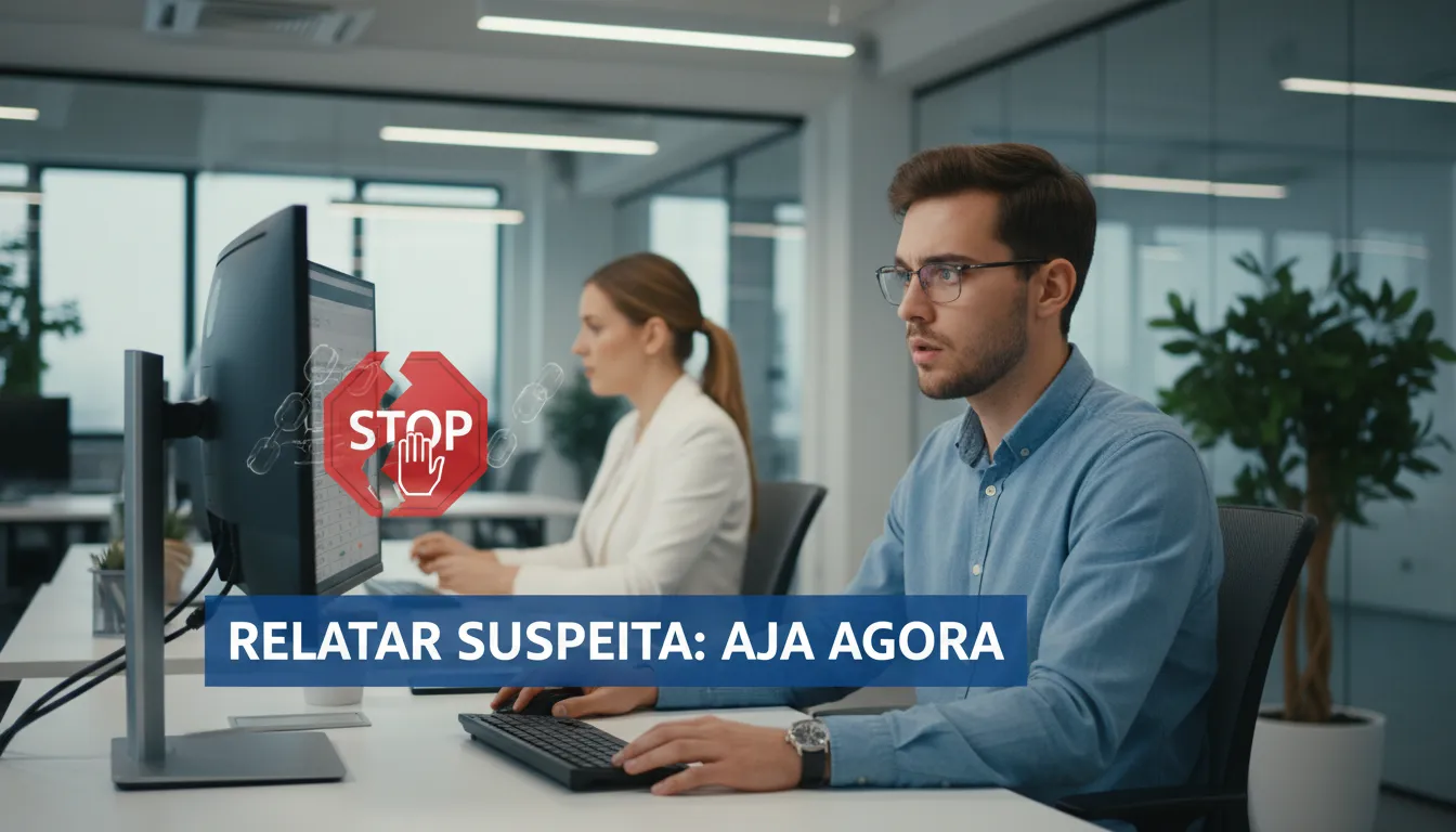 Colaborador atento prevenindo uma potencial violação de dados, reforçando a cultura de privacidade através da vigilância e ação.