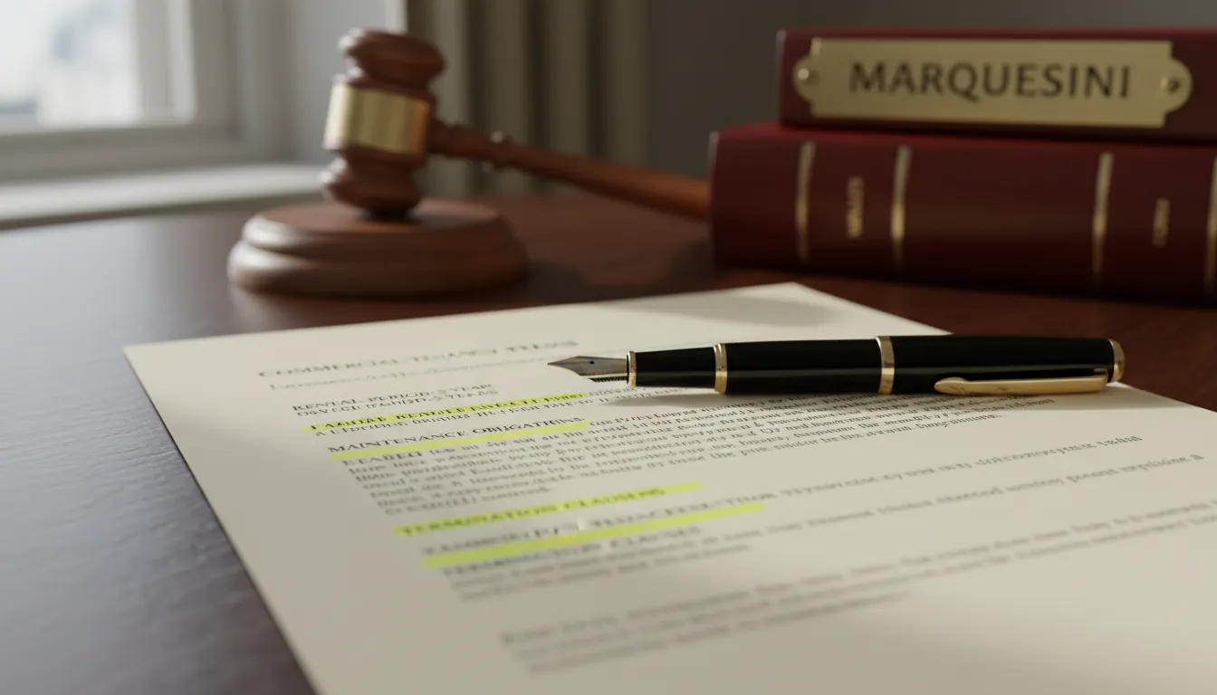Detalhe de um contrato de locação com uma caneta, enfatizando cláusulas importantes da lei do inquilinato comercial.