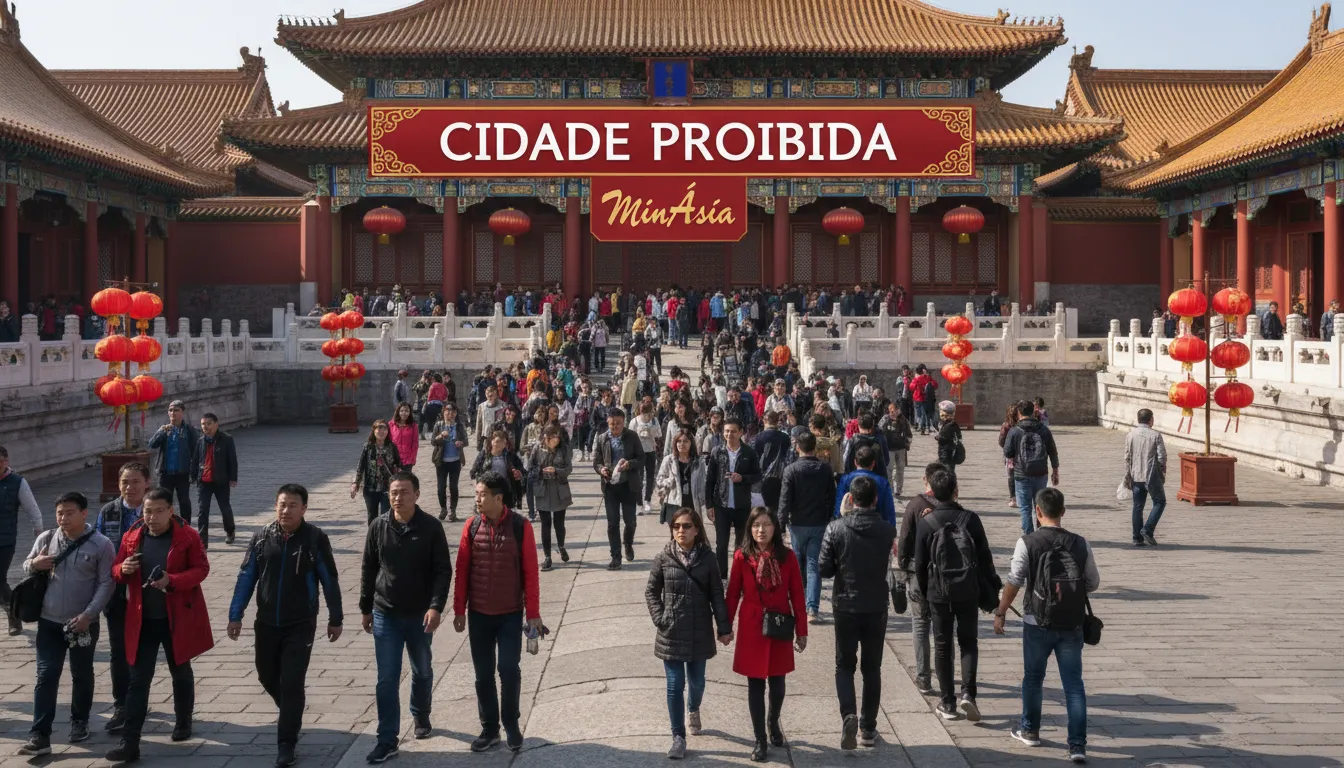 Movimentada cena dentro da cidade proibida, com pessoas admirando a arquitetura e lanternas chinesas. Banner com texto Cidade Proibida ao fundo. MinÁsia.