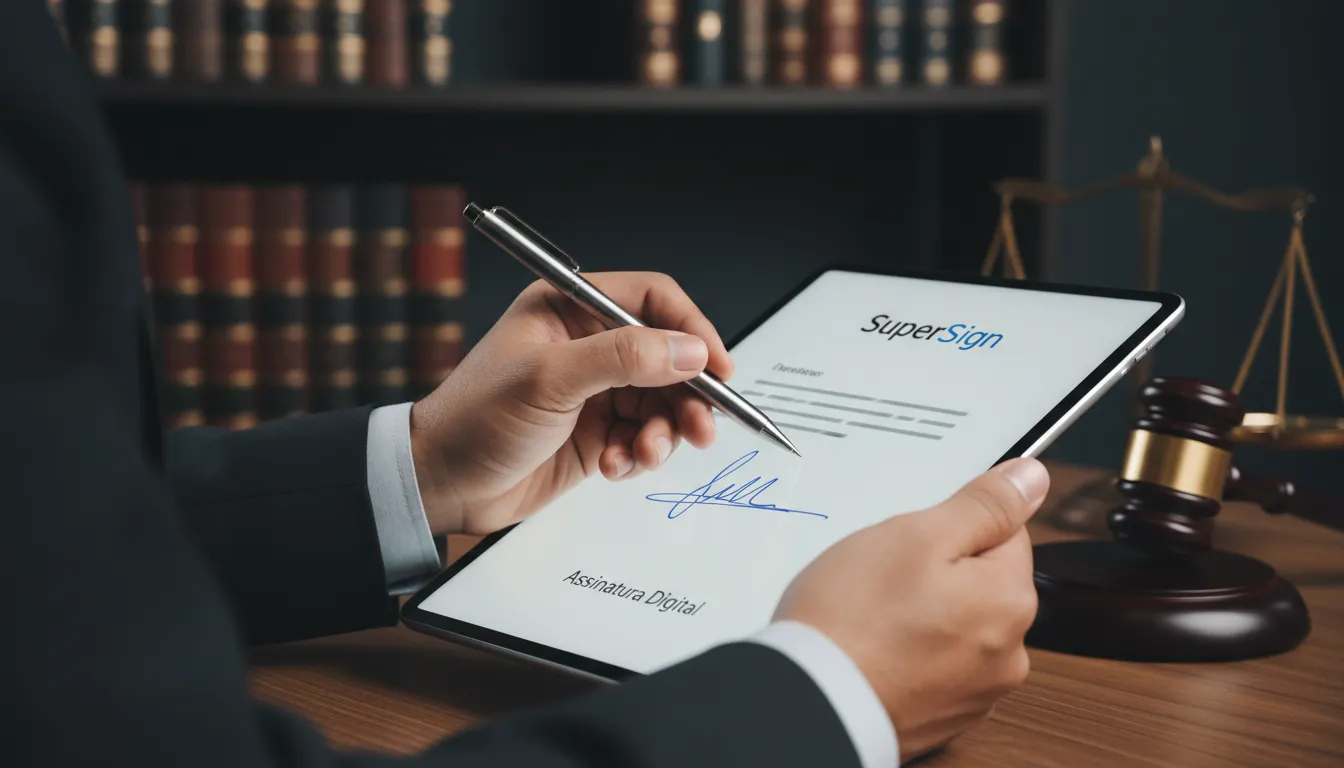 Close-up de advogado assinando documento legal em tablet com SuperSign, destacando a segurança da assinatura digital. Uma das melhores plataformas de assinatura digital.