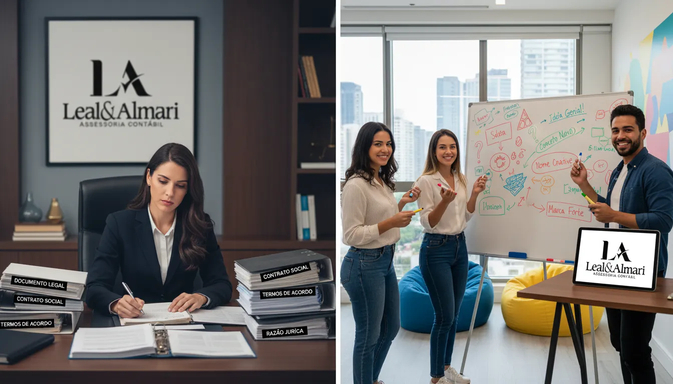 Imagem dividida mostrando a razão social nome fantasia diferença: legal vs marketing, com logo Leal & Almari.