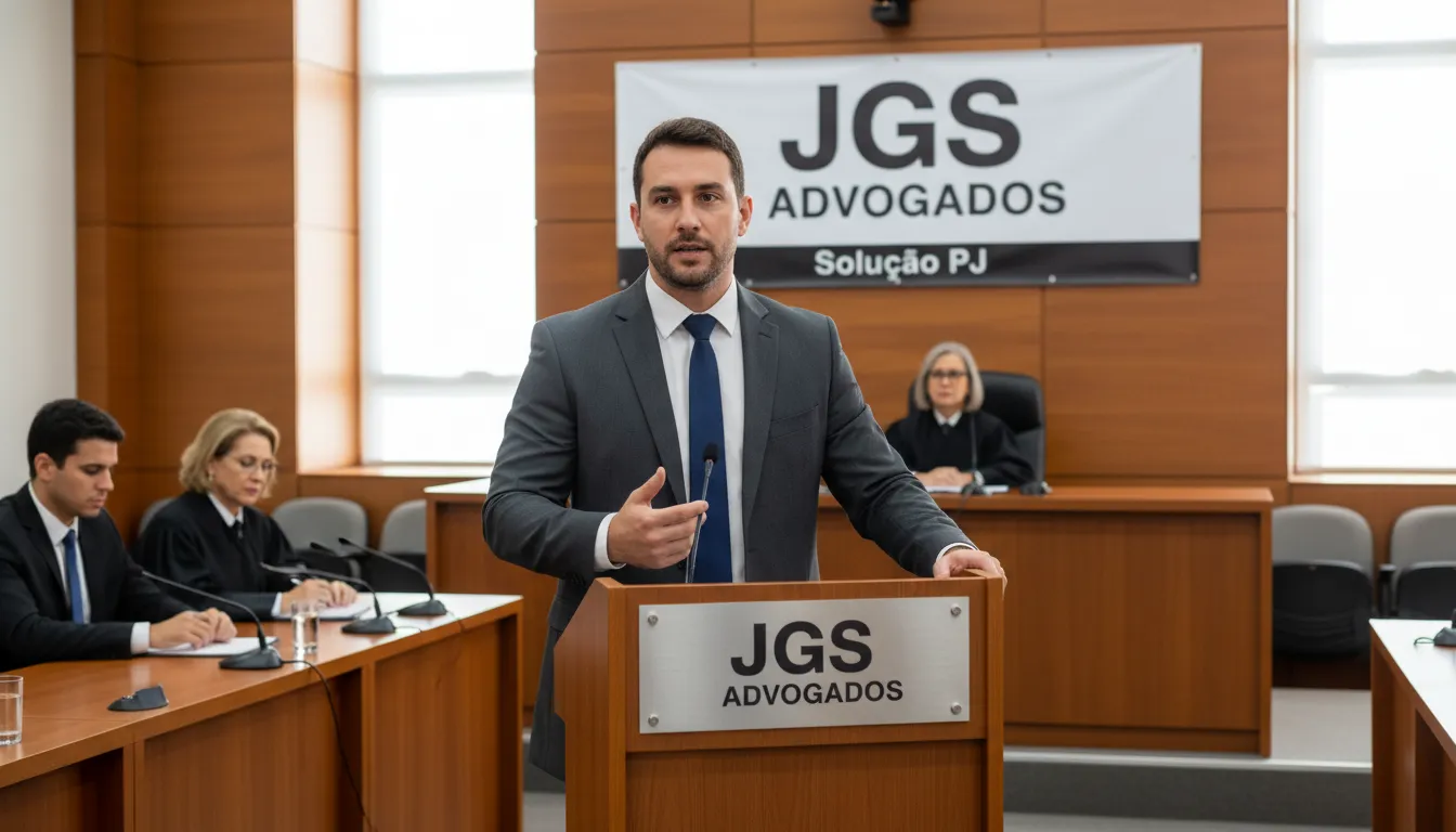 Advogados da JGS Advogados atuando em uma audiência sobre dívida bancária empresarial, demonstrando expertise na defesa dos direitos dos clientes.