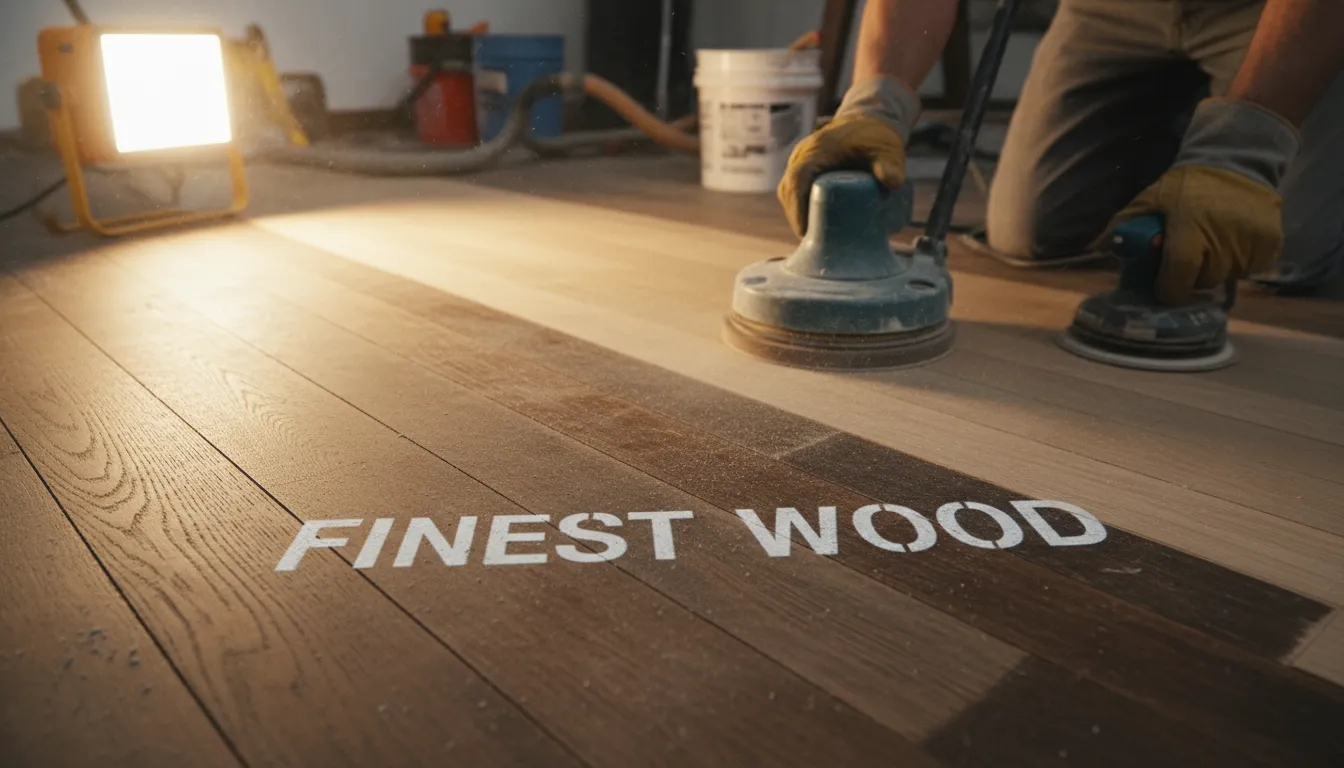 Craftsman refinishing a hardwood floor, showcasing the expertise of a local Hardwood flooring company near me in restoring wood floors.
