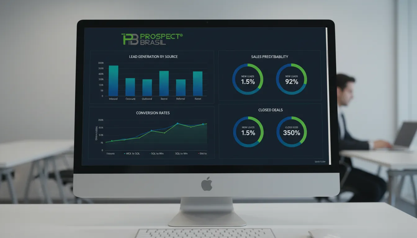Dashboard analítico detalhado mostrando métricas de sucesso na geração de leads B2B, impulsionando vendas previsíveis.