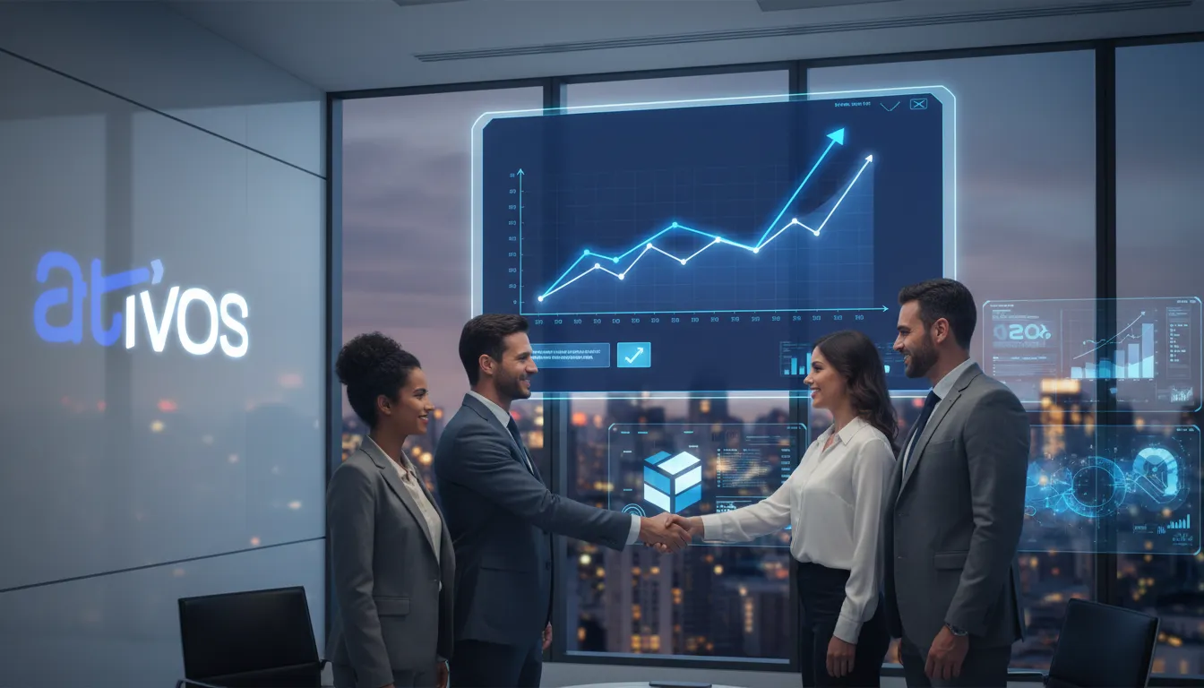 Interface digital da Ativos mostrando crescimento e pessoas celebrando o recebimento do precatório INSS.