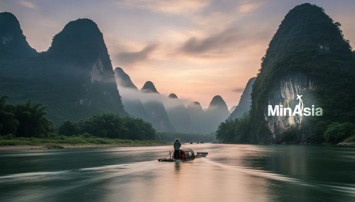 O que visitar na China: A beleza natural do Rio Li em Guilin ao pôr do sol, com montanhas cársticas.