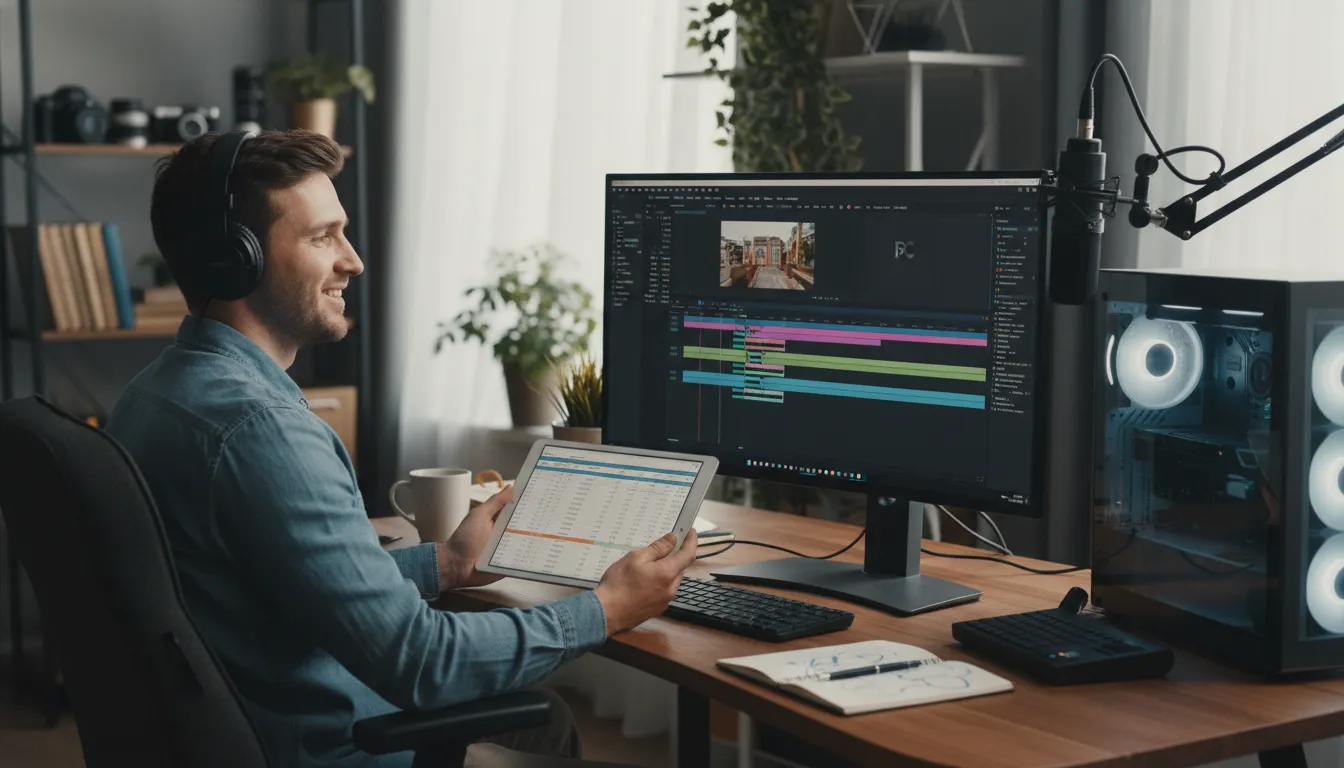 Produtor de conteúdo aliviado ao analisar relatórios financeiros da Prezzo Contabilidade, demonstrando a importância da Contabilidade Especializada em Produtores Digitais.