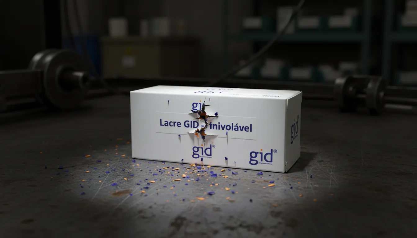 Selo de segurança destrutível GID em produto, com danos que evidenciam a violação do lacre void.