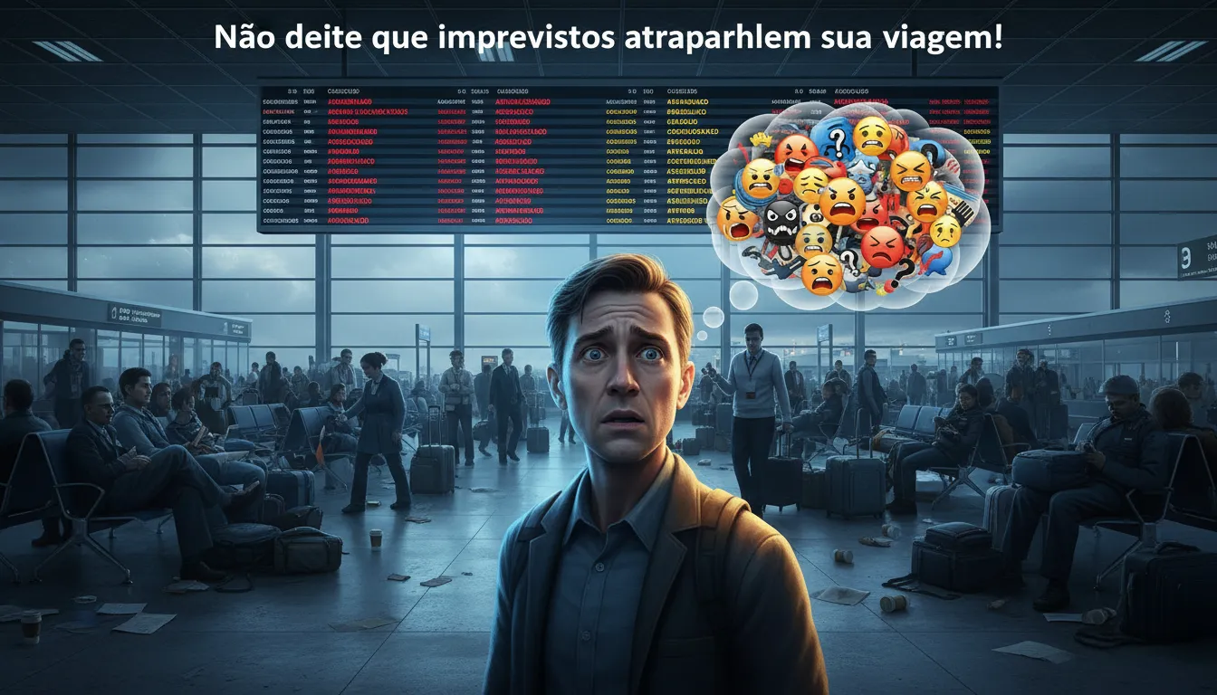 Viajante ansioso no aeroporto, imprevistos atrapalhando o planejar viagem. Texto: Não deixe que imprevistos atrapalhem sua viagem!