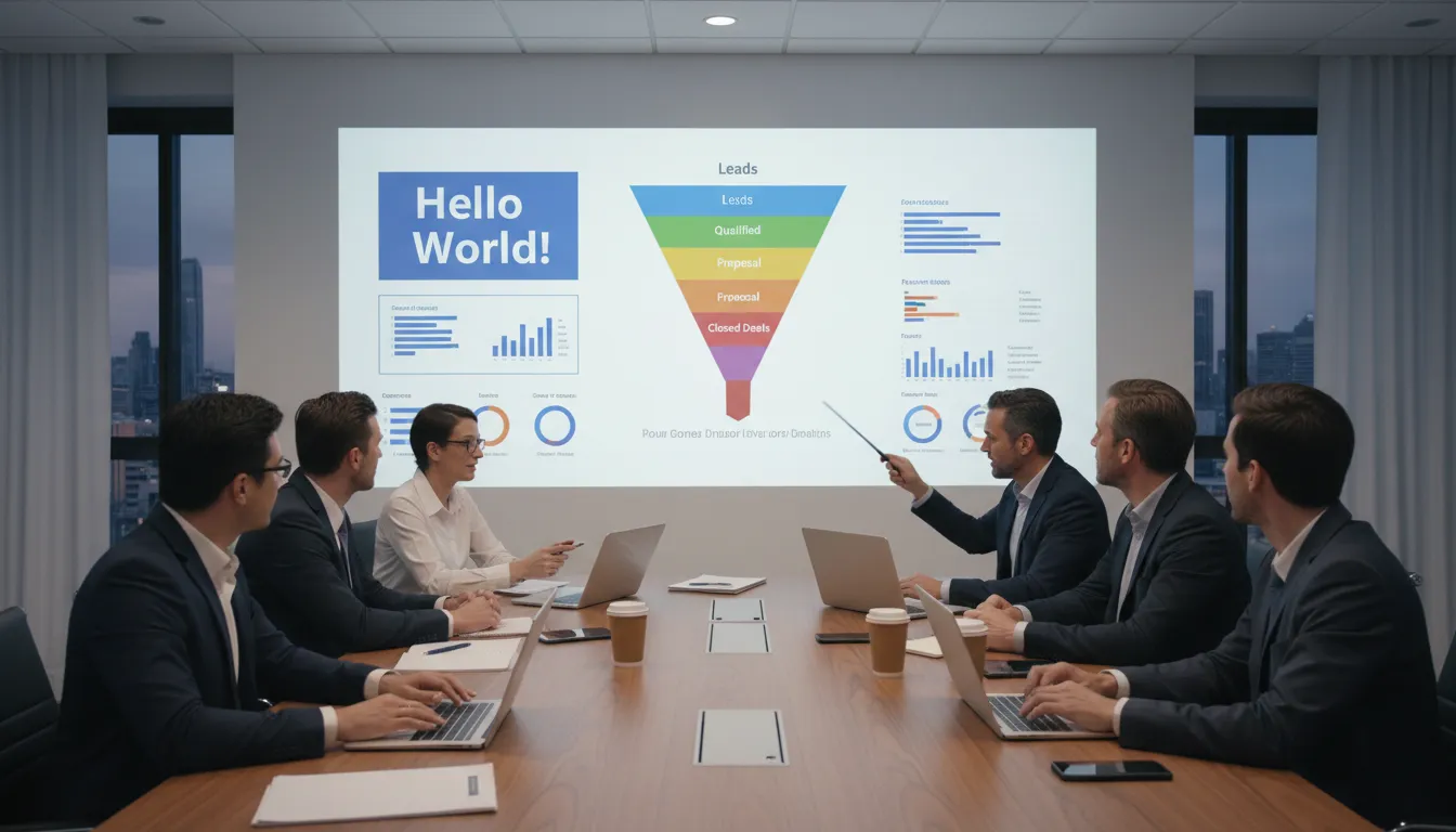 Consultores de negócios elaborando estratégias com um painel de CRM, demonstrando o 'hello world' do planejamento estratégico de vendas.