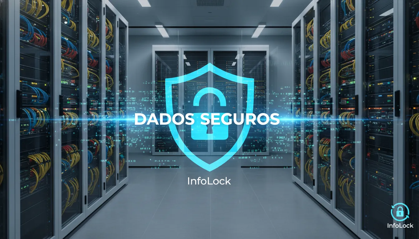 Um data center com servidores e cabos de rede, com o logo da InfoLock no canto. Destaca a relevância da proteção de dados e da cibersegurança para empresas.