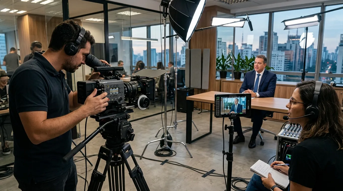 Bastidores de gravação corporativa realizada por uma produtora de video sao paulo com equipamentos profissionais.