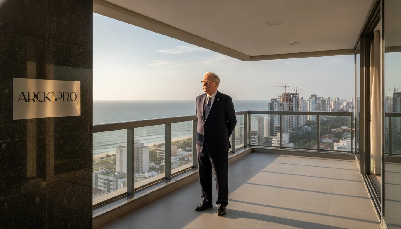 Investidor médico constrói legado e soberania financeira com método Arck1Pro, apreciando vista de alto padrão.