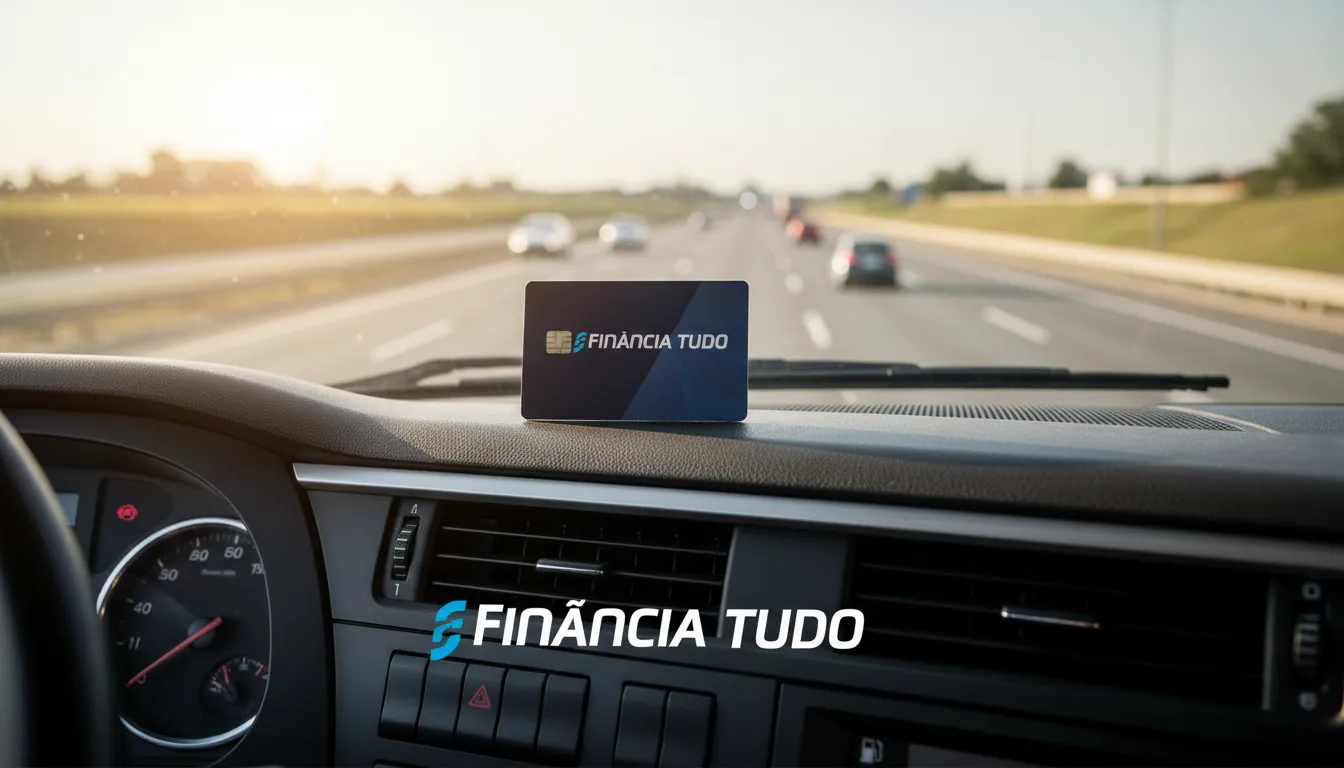 Um close-up do painel de um caminhão com um cartão de crédito Financia Tudo, representando crédito para caminhoneiro de forma acessível e prática.